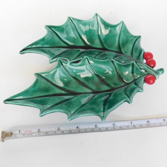 Green Holly Leaf Berry Stem Christmas Candy Dish VTG 70's Atlantic Mold - Picture 7 of 7